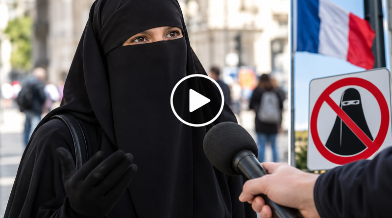 Illustration montrant une femme portant un niqab noir interrogée dans une rue en France, avec un microphone tendu vers elle, un drapeau français et un panneau symbolisant l’interdiction du voile intégral. L’image illustre un article consacré au témoignage d’une Française convertie à l’islam affirmant porter le voile intégral pour échapper au regard des hommes et préférer rester chez elle si elle ne pouvait plus le porter dans l’espace public.