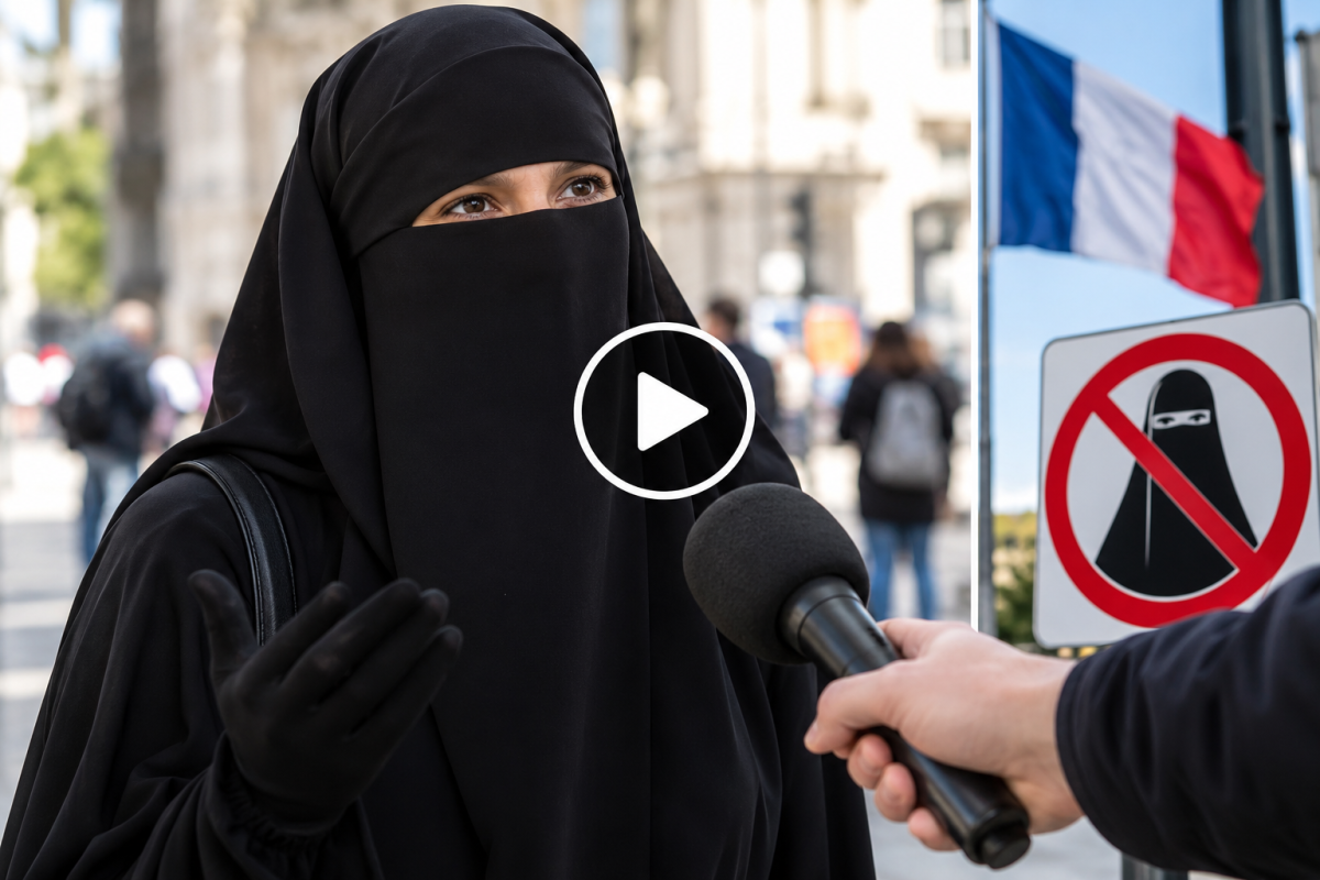 Illustration montrant une femme portant un niqab noir interrogée dans une rue en France, avec un microphone tendu vers elle, un drapeau français et un panneau symbolisant l’interdiction du voile intégral. L’image illustre un article consacré au témoignage d’une Française convertie à l’islam affirmant porter le voile intégral pour échapper au regard des hommes et préférer rester chez elle si elle ne pouvait plus le porter dans l’espace public.