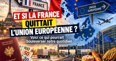 Illustration d’un éventuel Frexit montrant la France et l’Union européenne séparées symboliquement, avec drapeaux français et européen, Tour Eiffel, passeport français, billets en euros, frontière, camion, avion et institutions européennes, accompagnée du titre « Et si la France quittait l’Union européenne ? ».