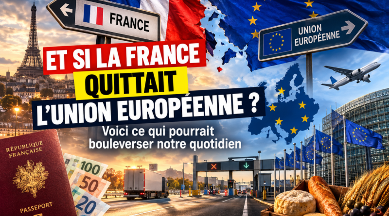 Illustration d’un éventuel Frexit montrant la France et l’Union européenne séparées symboliquement, avec drapeaux français et européen, Tour Eiffel, passeport français, billets en euros, frontière, camion, avion et institutions européennes, accompagnée du titre « Et si la France quittait l’Union européenne ? ».