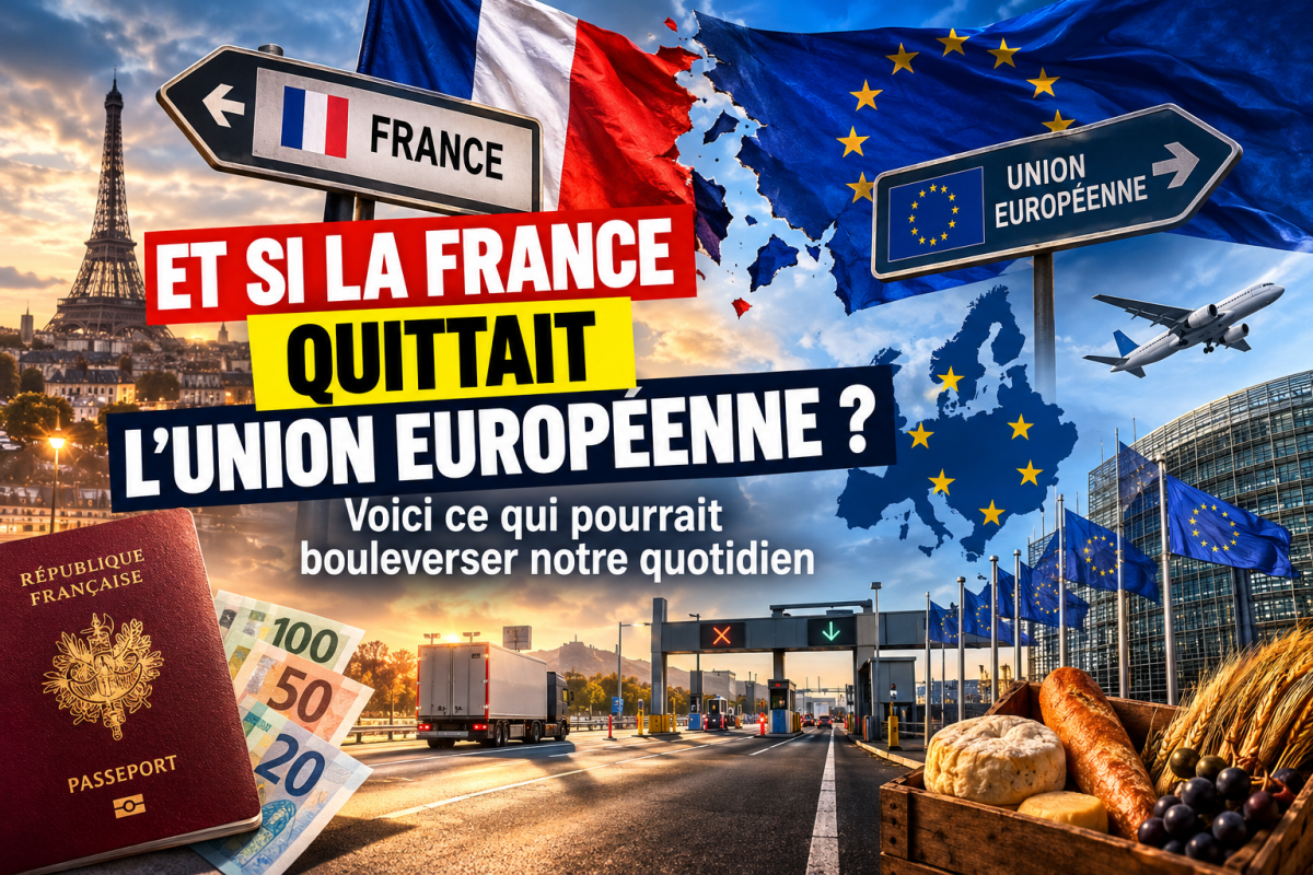 Illustration d’un éventuel Frexit montrant la France et l’Union européenne séparées symboliquement, avec drapeaux français et européen, Tour Eiffel, passeport français, billets en euros, frontière, camion, avion et institutions européennes, accompagnée du titre « Et si la France quittait l’Union européenne ? ».