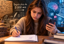 Jeune femme de la génération Z écrivant difficilement à la main dans un cahier tout en consultant son smartphone, avec des symboles du cerveau, du numérique et de l’écriture vieille de plus de 5 000 ans.