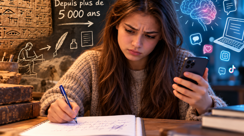Jeune femme de la génération Z écrivant difficilement à la main dans un cahier tout en consultant son smartphone, avec des symboles du cerveau, du numérique et de l’écriture vieille de plus de 5 000 ans.
