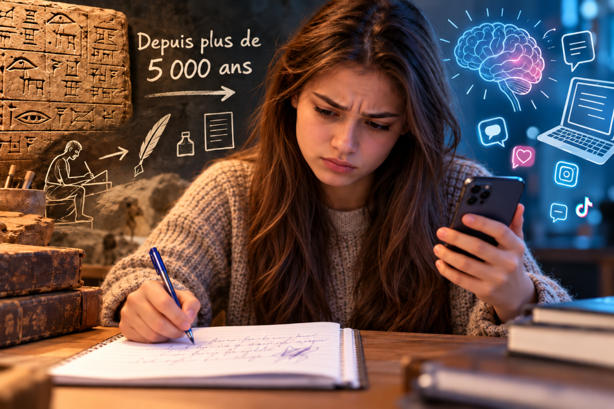 Jeune femme de la génération Z écrivant difficilement à la main dans un cahier tout en consultant son smartphone, avec des symboles du cerveau, du numérique et de l’écriture vieille de plus de 5 000 ans.