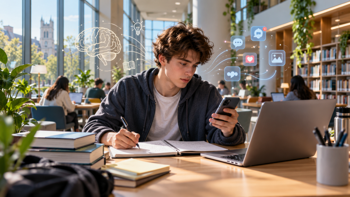 Jeune homme de la génération Z écrivant à la main dans un cahier tout en consultant son smartphone, avec un ordinateur portable et des symboles numériques évoquant les réseaux sociaux, le cerveau et l’apprentissage.