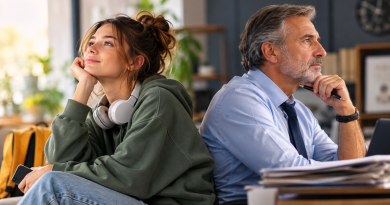 jeune femme de la génération Z et homme plus âgé assis dos à dos, illustrant deux visions différentes du travail et de l’équilibre vie pro-vie perso.