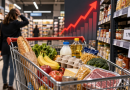 Illustration de la hausse des prix dans les supermarchés en 2027 : un chariot rempli de produits alimentaires du quotidien, notamment du pain, des fruits, des légumes, du lait, des œufs, des pâtes et de la viande, dans les rayons d'un supermarché. À droite, plusieurs étiquettes affichent des prix en euros accompagnés de flèches rouges ascendantes. En arrière-plan, un graphique rouge symbolise l'inflation alimentaire et les risques d'augmentation des prix évoqués par Michel-Édouard Leclerc. Copier l'ALT-TEXT