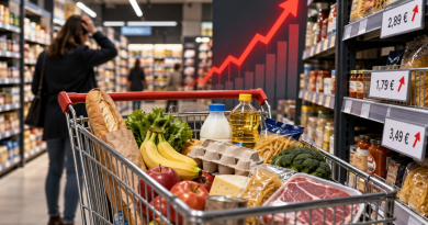 Illustration de la hausse des prix dans les supermarchés en 2027 : un chariot rempli de produits alimentaires du quotidien, notamment du pain, des fruits, des légumes, du lait, des œufs, des pâtes et de la viande, dans les rayons d'un supermarché. À droite, plusieurs étiquettes affichent des prix en euros accompagnés de flèches rouges ascendantes. En arrière-plan, un graphique rouge symbolise l'inflation alimentaire et les risques d'augmentation des prix évoqués par Michel-Édouard Leclerc. Copier l'ALT-TEXT