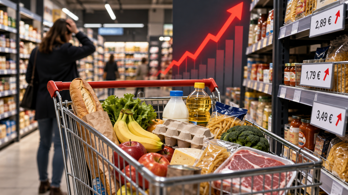 Illustration de la hausse des prix dans les supermarchés en 2027 : un chariot rempli de produits alimentaires du quotidien, notamment du pain, des fruits, des légumes, du lait, des œufs, des pâtes et de la viande, dans les rayons d'un supermarché. À droite, plusieurs étiquettes affichent des prix en euros accompagnés de flèches rouges ascendantes. En arrière-plan, un graphique rouge symbolise l'inflation alimentaire et les risques d'augmentation des prix évoqués par Michel-Édouard Leclerc. Copier l'ALT-TEXT