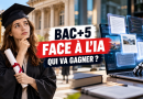 Illustration d'une jeune diplômée universitaire tenant son diplôme face à un ordinateur symbolisant l'intelligence artificielle, avec le titre « Bac+5 face à l'IA : qui va gagner ? », pour illustrer le débat sur l'avenir des études supérieures, la valeur des diplômes et les conséquences de ChatGPT sur l'emploi.
