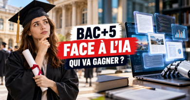 Illustration d'une jeune diplômée universitaire tenant son diplôme face à un ordinateur symbolisant l'intelligence artificielle, avec le titre « Bac+5 face à l'IA : qui va gagner ? », pour illustrer le débat sur l'avenir des études supérieures, la valeur des diplômes et les conséquences de ChatGPT sur l'emploi.