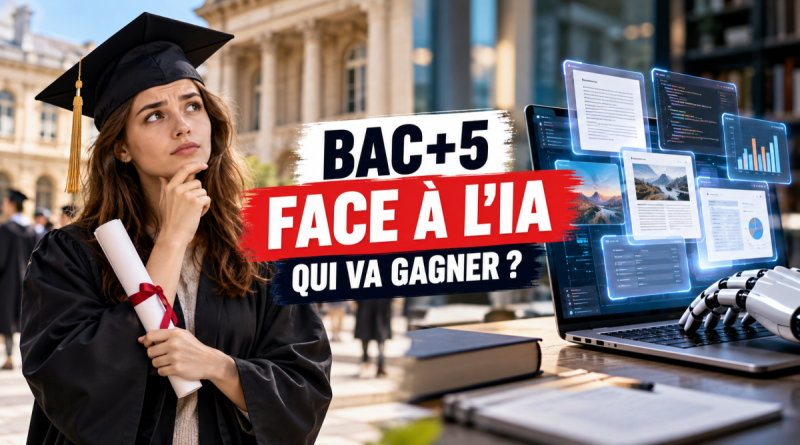 Illustration d'une jeune diplômée universitaire tenant son diplôme face à un ordinateur symbolisant l'intelligence artificielle, avec le titre « Bac+5 face à l'IA : qui va gagner ? », pour illustrer le débat sur l'avenir des études supérieures, la valeur des diplômes et les conséquences de ChatGPT sur l'emploi.