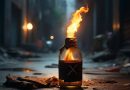 Illustration d'une bouteille en verre enflammée, posée sur le bitume d'une rue sombre, avec un vêtement abandonné à proximité. Une flamme orange s'échappe du goulot, évoquant le fait divers survenu à L'Isle-d'Abeau, en Isère, où un jeune homme aurait accidentellement mis le feu à sa veste en tentant de lancer une bouteille remplie d'essence vers le lycée Philibert-Delorme.