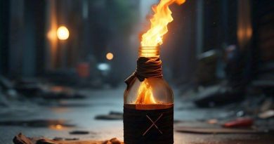 Illustration d'une bouteille en verre enflammée, posée sur le bitume d'une rue sombre, avec un vêtement abandonné à proximité. Une flamme orange s'échappe du goulot, évoquant le fait divers survenu à L'Isle-d'Abeau, en Isère, où un jeune homme aurait accidentellement mis le feu à sa veste en tentant de lancer une bouteille remplie d'essence vers le lycée Philibert-Delorme.