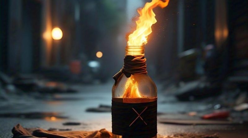 Illustration d'une bouteille en verre enflammée, posée sur le bitume d'une rue sombre, avec un vêtement abandonné à proximité. Une flamme orange s'échappe du goulot, évoquant le fait divers survenu à L'Isle-d'Abeau, en Isère, où un jeune homme aurait accidentellement mis le feu à sa veste en tentant de lancer une bouteille remplie d'essence vers le lycée Philibert-Delorme.