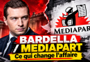 Montage éditorial montrant Jordan Bardella face au logo de Mediapart, avec la mention « Bardella / Mediapart – Ce qui change l’affaire », pour illustrer la controverse autour de messages anciens que le média lui attribue et qu’il conteste.