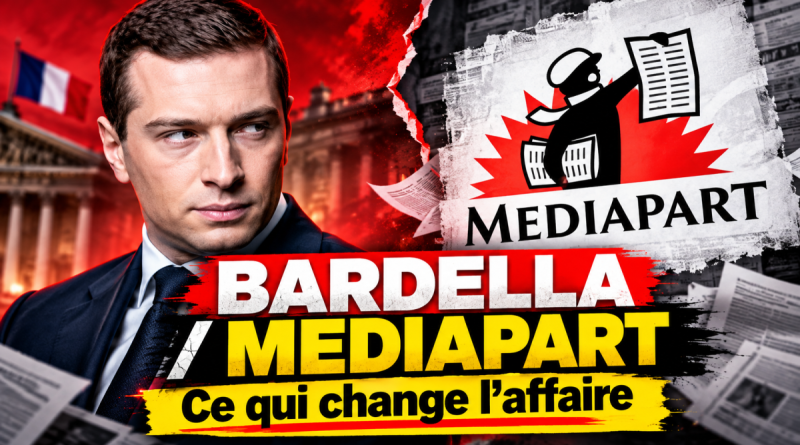 Montage éditorial montrant Jordan Bardella face au logo de Mediapart, avec la mention « Bardella / Mediapart – Ce qui change l’affaire », pour illustrer la controverse autour de messages anciens que le média lui attribue et qu’il conteste.