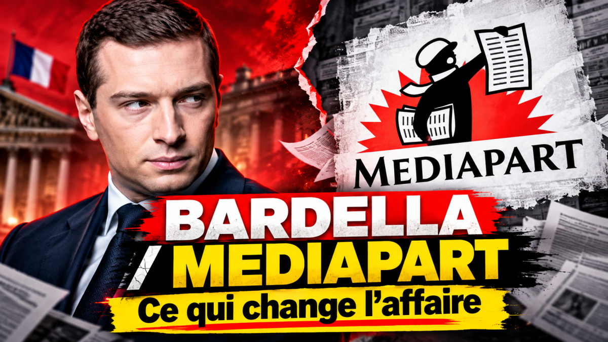 Montage éditorial montrant Jordan Bardella face au logo de Mediapart, avec la mention « Bardella / Mediapart – Ce qui change l’affaire », pour illustrer la controverse autour de messages anciens que le média lui attribue et qu’il conteste.