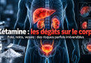 Illustration médicale des dangers de la consommation de kétamine sur le corps humain, montrant un foie, deux reins et une vessie surlignés en rouge pour symboliser les risques de lésions hépatiques, de complications rénales et de cystite à la kétamine. Une fiole étiquetée « Kétamine », de la poudre blanche et des images médicales accompagnent le titre « Kétamine : les dégâts sur le corps ».