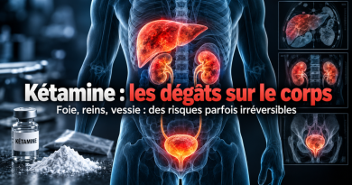 Illustration médicale des dangers de la consommation de kétamine sur le corps humain, montrant un foie, deux reins et une vessie surlignés en rouge pour symboliser les risques de lésions hépatiques, de complications rénales et de cystite à la kétamine. Une fiole étiquetée « Kétamine », de la poudre blanche et des images médicales accompagnent le titre « Kétamine : les dégâts sur le corps ».