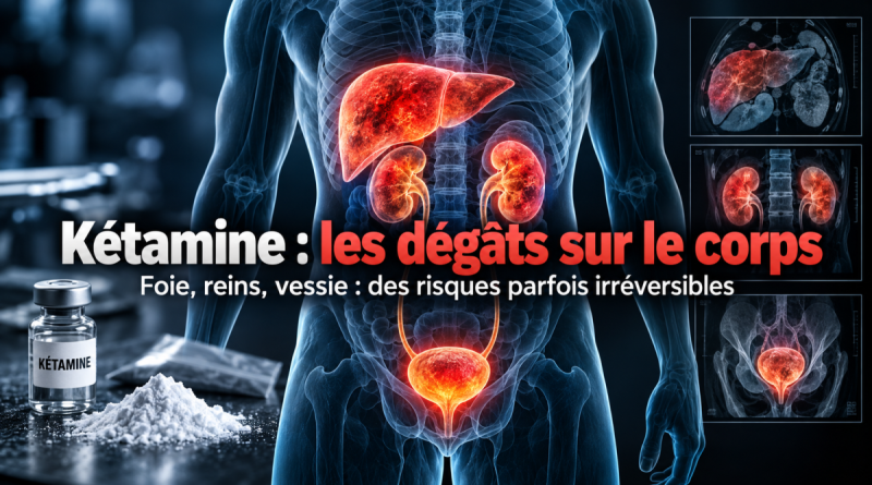 Illustration médicale des dangers de la consommation de kétamine sur le corps humain, montrant un foie, deux reins et une vessie surlignés en rouge pour symboliser les risques de lésions hépatiques, de complications rénales et de cystite à la kétamine. Une fiole étiquetée « Kétamine », de la poudre blanche et des images médicales accompagnent le titre « Kétamine : les dégâts sur le corps ».