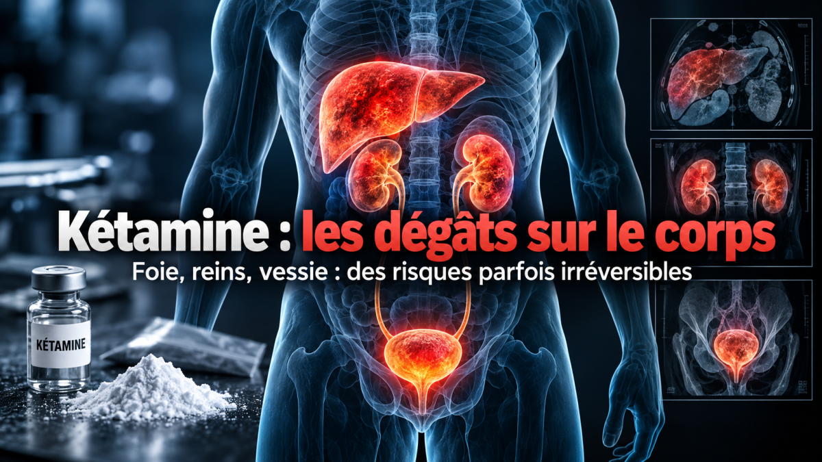 Illustration médicale des dangers de la consommation de kétamine sur le corps humain, montrant un foie, deux reins et une vessie surlignés en rouge pour symboliser les risques de lésions hépatiques, de complications rénales et de cystite à la kétamine. Une fiole étiquetée « Kétamine », de la poudre blanche et des images médicales accompagnent le titre « Kétamine : les dégâts sur le corps ».
