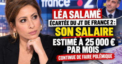 Montage illustratif montrant Léa Salamé au premier plan, devant le logo de France 2, avec Raphaël Glucksmann en médaillon et des billets en euros. Un titre évoque son retrait du journal télévisé de 20 heures et la polémique autour du maintien de son salaire contractuel, dont le montant est estimé dans la presse à 25 000 euros par mois. Copier l'ALT-TEXT
