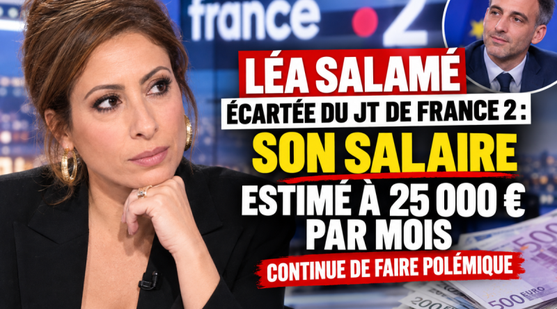 Montage illustratif montrant Léa Salamé au premier plan, devant le logo de France 2, avec Raphaël Glucksmann en médaillon et des billets en euros. Un titre évoque son retrait du journal télévisé de 20 heures et la polémique autour du maintien de son salaire contractuel, dont le montant est estimé dans la presse à 25 000 euros par mois. Copier l'ALT-TEXT
