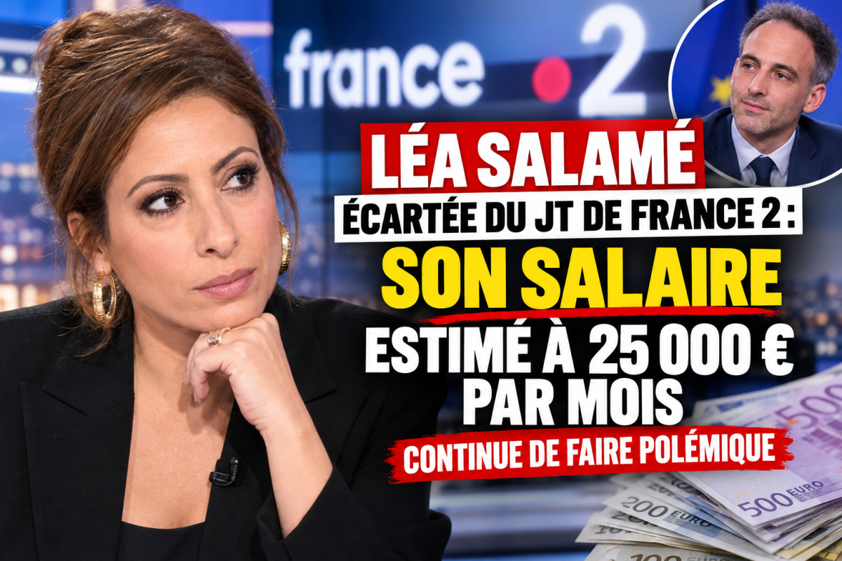 Montage illustratif montrant Léa Salamé au premier plan, devant le logo de France 2, avec Raphaël Glucksmann en médaillon et des billets en euros. Un titre évoque son retrait du journal télévisé de 20 heures et la polémique autour du maintien de son salaire contractuel, dont le montant est estimé dans la presse à 25 000 euros par mois. Copier l'ALT-TEXT