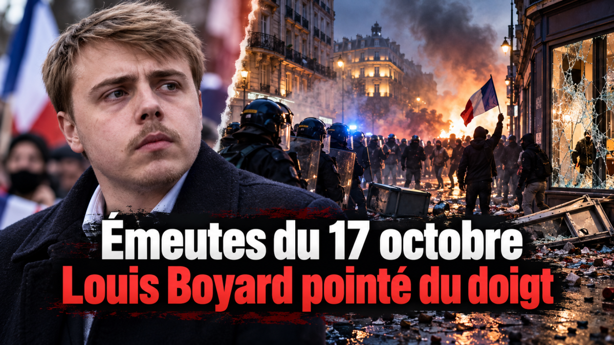 Illustration éditoriale des émeutes du 17 octobre 2026, montrant un portrait représentant Louis Boyard devant une scène de manifestations, de fumée et de forces de l'ordre, avec le titre « Louis Boyard pointé du doigt ». Copier l'ALT