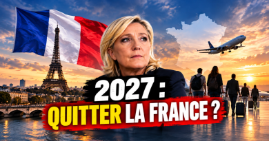Illustration de Marine Le Pen devant un drapeau français et la tour Eiffel, avec une carte de France, un avion et des voyageurs portant des valises. Au premier plan, le texte « 2027 : Quitter la France ? » illustre un sondage Ifop pour Marianne sur les Français envisageant de quitter le pays en cas de victoire de Marine Le Pen à l'élection présidentielle de 2027. Copier l'ALT-TEXT