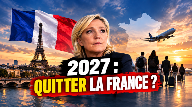 Illustration de Marine Le Pen devant un drapeau français et la tour Eiffel, avec une carte de France, un avion et des voyageurs portant des valises. Au premier plan, le texte « 2027 : Quitter la France ? » illustre un sondage Ifop pour Marianne sur les Français envisageant de quitter le pays en cas de victoire de Marine Le Pen à l'élection présidentielle de 2027. Copier l'ALT-TEXT
