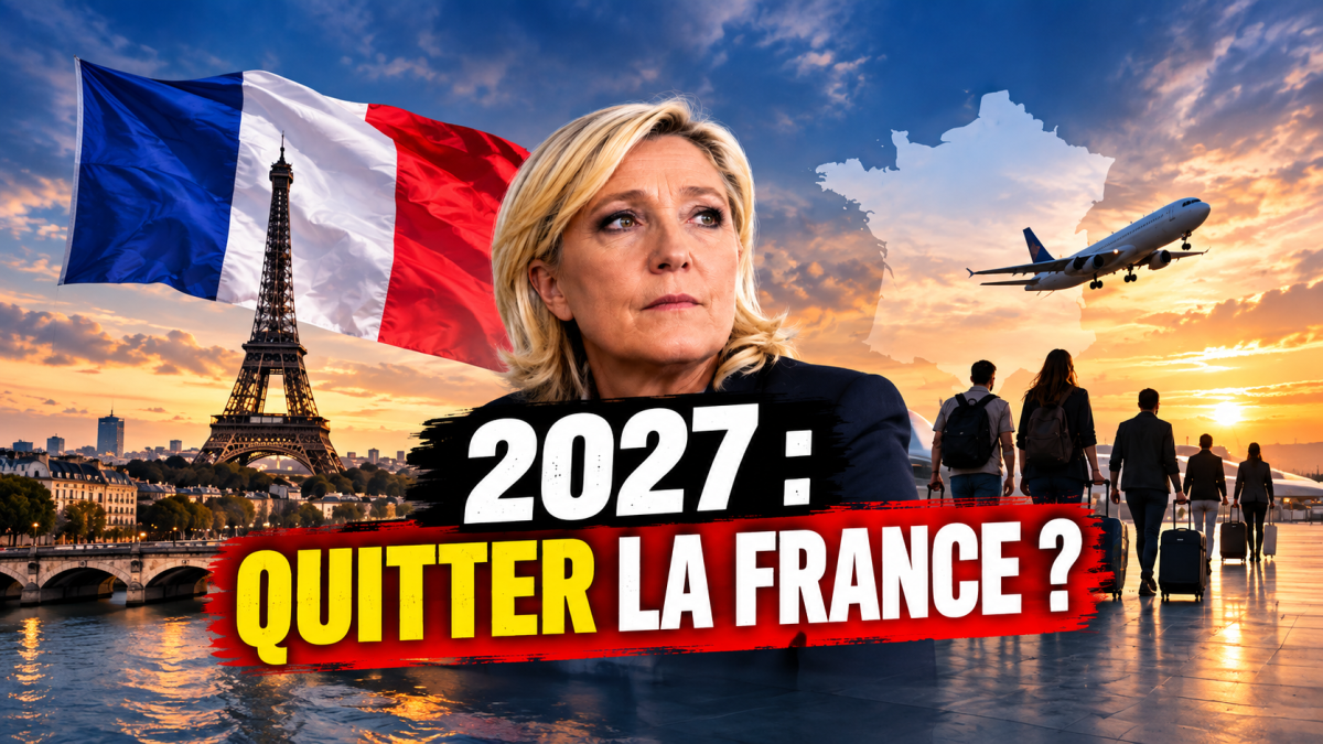 Illustration de Marine Le Pen devant un drapeau français et la tour Eiffel, avec une carte de France, un avion et des voyageurs portant des valises. Au premier plan, le texte « 2027 : Quitter la France ? » illustre un sondage Ifop pour Marianne sur les Français envisageant de quitter le pays en cas de victoire de Marine Le Pen à l'élection présidentielle de 2027. Copier l'ALT-TEXT