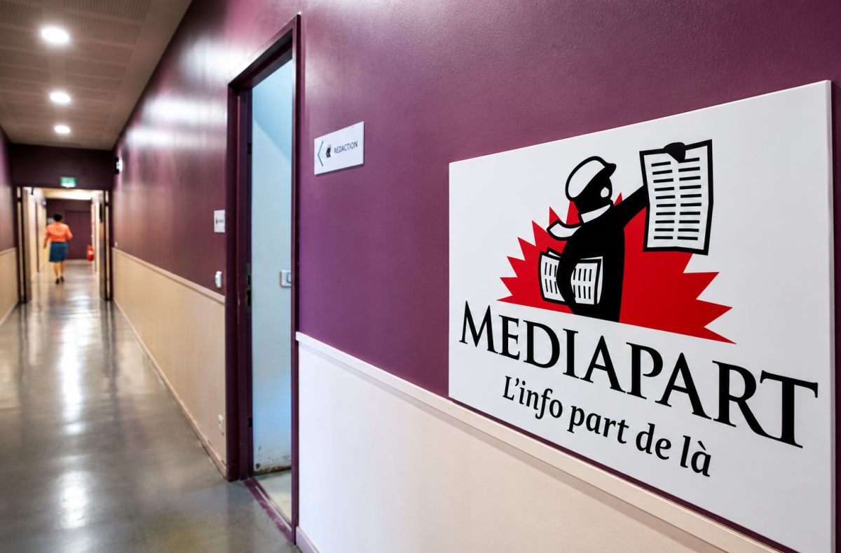 Couloir de la rédaction de Mediapart avec le logo du média, dans le contexte de l’affaire opposant Mediapart à Jordan Bardella en 2026.