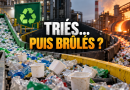 Pots de yaourt sur un tapis de tri dans un centre de recyclage, avec une usine en arrière-plan et le titre « Triés… puis brûlés ? ».