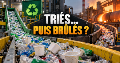 Pots de yaourt sur un tapis de tri dans un centre de recyclage, avec une usine en arrière-plan et le titre « Triés… puis brûlés ? ».