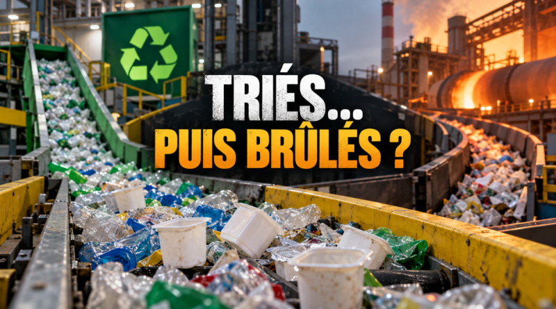 Pots de yaourt sur un tapis de tri dans un centre de recyclage, avec une usine en arrière-plan et le titre « Triés… puis brûlés ? ».