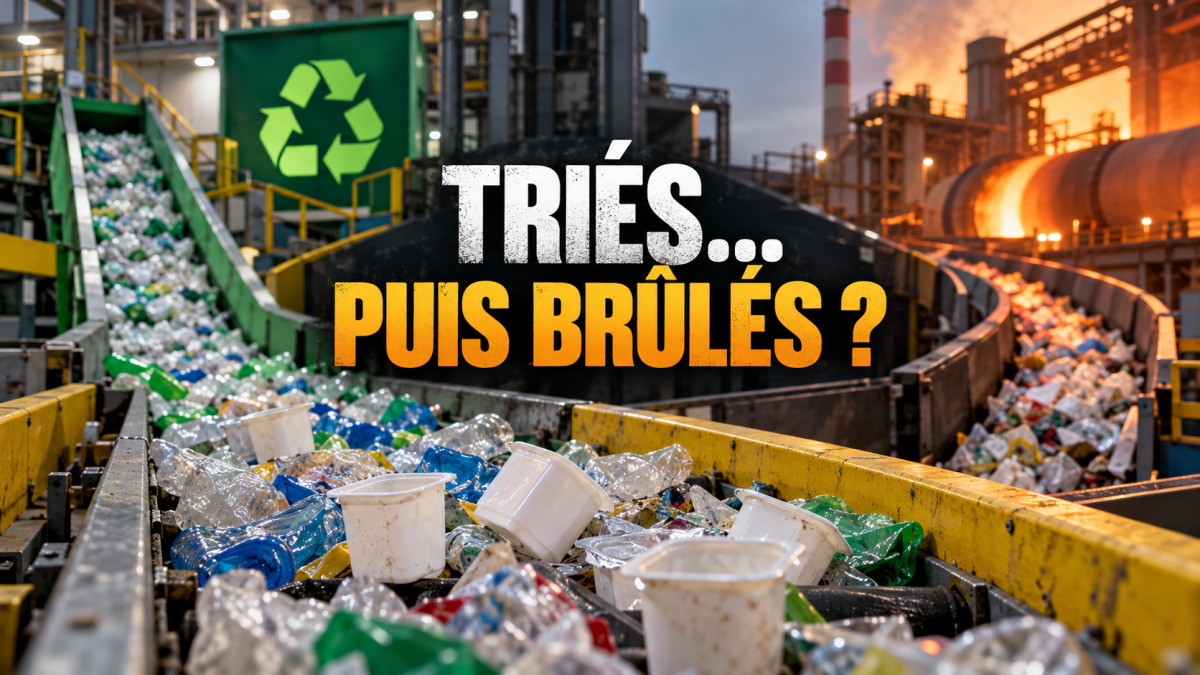 Pots de yaourt sur un tapis de tri dans un centre de recyclage, avec une usine en arrière-plan et le titre « Triés… puis brûlés ? ».
