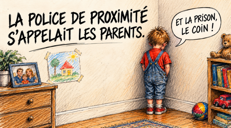 Illustration d'un petit garçon puni au coin, debout face au mur de sa chambre, représentant une ancienne méthode d'éducation utilisée par les parents pour apprendre aux enfants à réfléchir à leurs bêtises, à respecter les règles et à comprendre les conséquences de leur comportement.