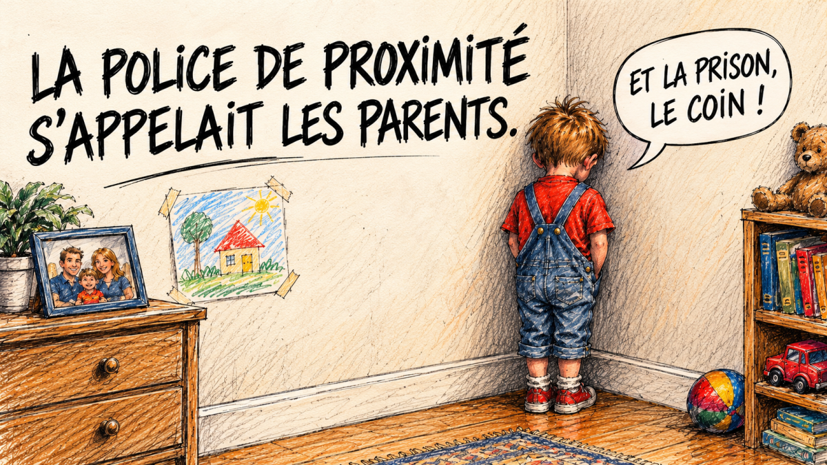 Illustration d'un petit garçon puni au coin, debout face au mur de sa chambre, représentant une ancienne méthode d'éducation utilisée par les parents pour apprendre aux enfants à réfléchir à leurs bêtises, à respecter les règles et à comprendre les conséquences de leur comportement.