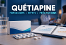 Illustration éditoriale sur la quétiapine : boîte de médicament générique, comprimés et carnet de suivi médical, avec le titre « Posologies, effets, précautions ».