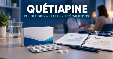Illustration éditoriale sur la quétiapine : boîte de médicament générique, comprimés et carnet de suivi médical, avec le titre « Posologies, effets, précautions ».