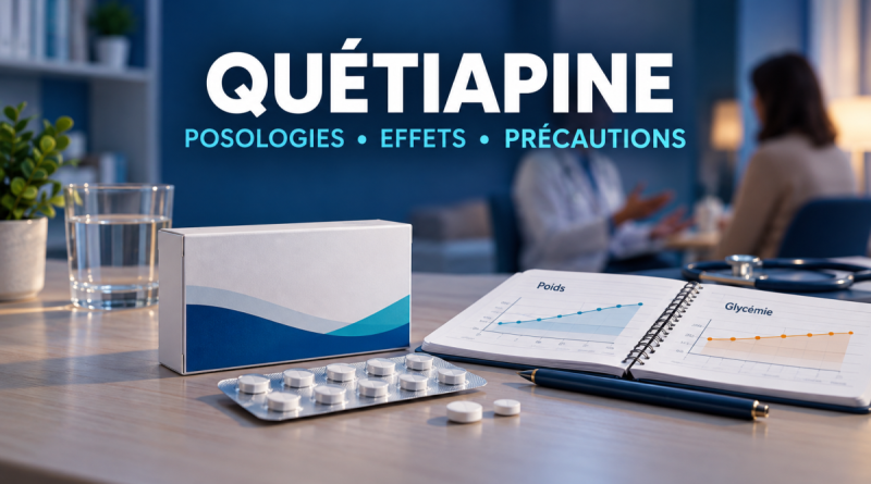 Illustration éditoriale sur la quétiapine : boîte de médicament générique, comprimés et carnet de suivi médical, avec le titre « Posologies, effets, précautions ».