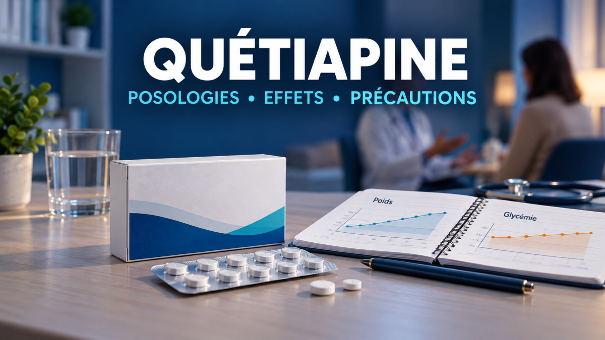 Illustration éditoriale sur la quétiapine : boîte de médicament générique, comprimés et carnet de suivi médical, avec le titre « Posologies, effets, précautions ».