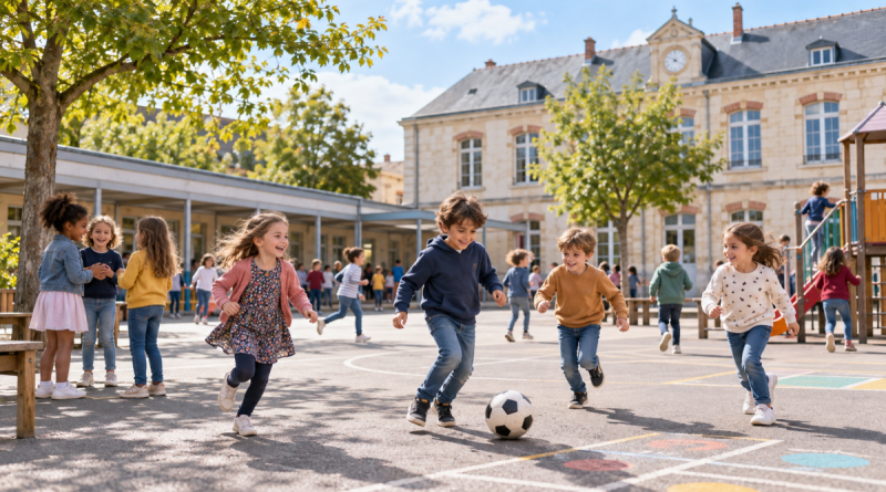 Illustration d'une cour d'école à Rennes où des enfants jouent pendant la récréation. Un ancien agent municipal, se faisant passer pour un YouTubeur, a été condamné pour corruption de mineur après avoir proposé à des enfants des défis consistant notamment à lécher leurs chaussures et à leur demander d'uriner dans sa bouche. Copier
