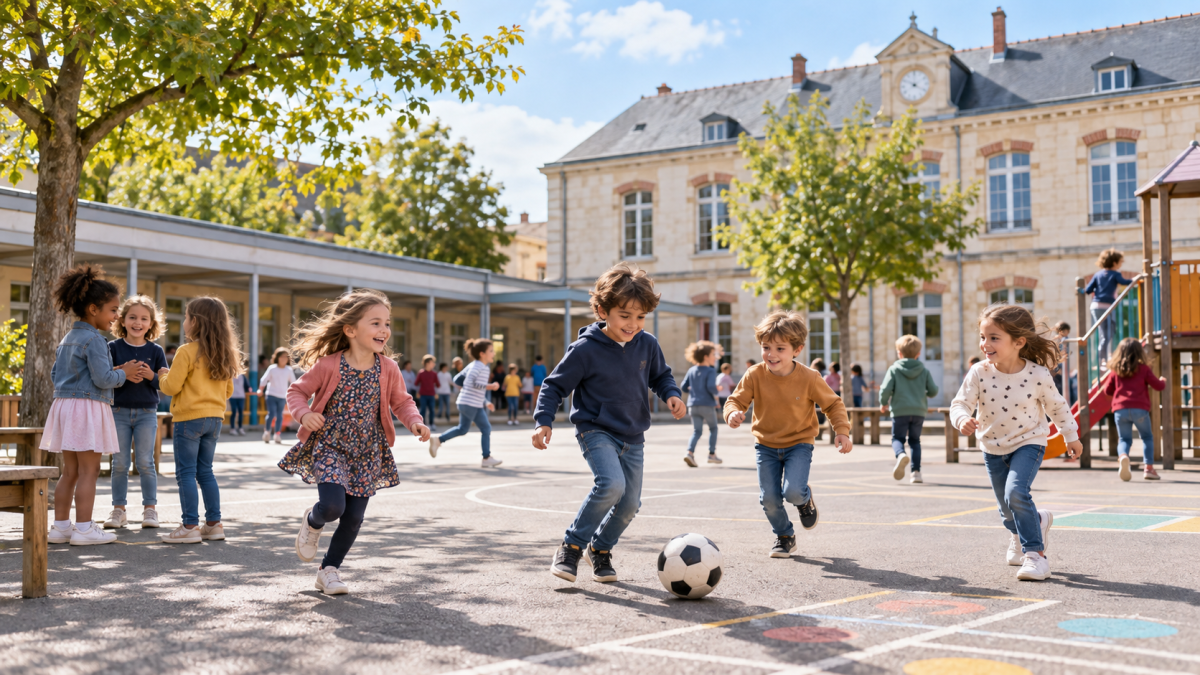 Illustration d'une cour d'école à Rennes où des enfants jouent pendant la récréation. Un ancien agent municipal, se faisant passer pour un YouTubeur, a été condamné pour corruption de mineur après avoir proposé à des enfants des défis consistant notamment à lécher leurs chaussures et à leur demander d'uriner dans sa bouche. Copier
