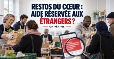 Illustration d’une distribution alimentaire dans un centre associatif : des bénévoles remettent des sacs de nourriture à plusieurs personnes. Au centre, une loupe examine une publication rouge sur les réseaux sociaux. Le texte demande : « Restos du Cœur : aide réservée aux étrangers ? » et précise : « On vérifie ».