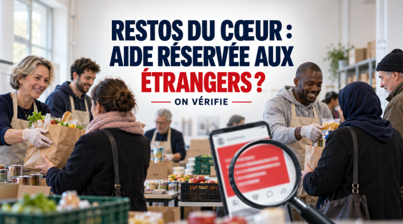 Illustration d’une distribution alimentaire dans un centre associatif : des bénévoles remettent des sacs de nourriture à plusieurs personnes. Au centre, une loupe examine une publication rouge sur les réseaux sociaux. Le texte demande : « Restos du Cœur : aide réservée aux étrangers ? » et précise : « On vérifie ».