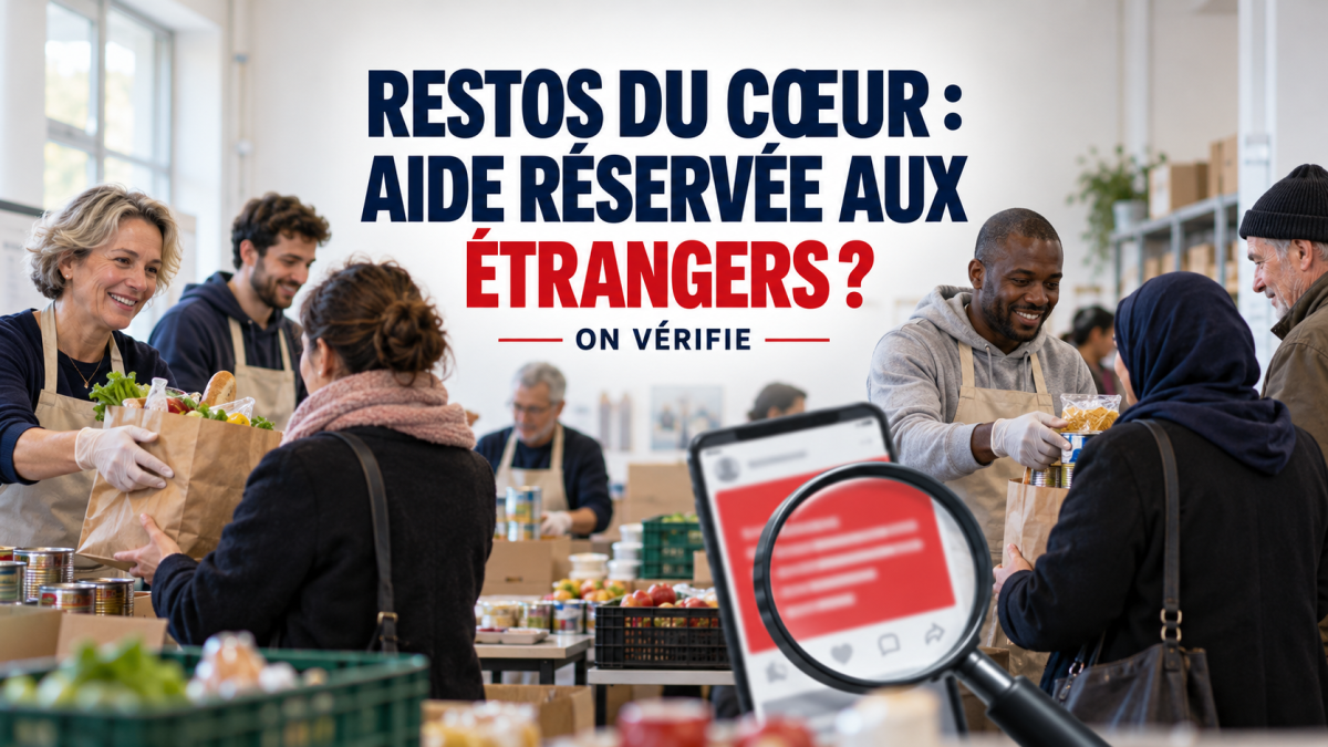 Illustration d’une distribution alimentaire dans un centre associatif : des bénévoles remettent des sacs de nourriture à plusieurs personnes. Au centre, une loupe examine une publication rouge sur les réseaux sociaux. Le texte demande : « Restos du Cœur : aide réservée aux étrangers ? » et précise : « On vérifie ».