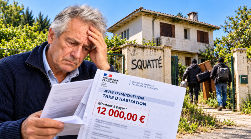 Un retraité au visage inquiet examine un avis d'imposition de taxe d'habitation affichant un montant de 12 000 euros. Derrière lui, une maison dégradée porte l'inscription « Squatté » sur son mur, tandis que deux personnes transportant des affaires se dirigent vers la propriété. Image illustrant l'affaire d'un retraité d'Anglet, expulsé de sa maison familiale, ensuite occupée par des squatteurs, et confronté à une réclamation fiscale de 12 000 euros.